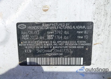 2013 Hyundai Elantra Gls/Limited z USA, uszkodzony, nr VIN 5NPDH4AE2DH407757